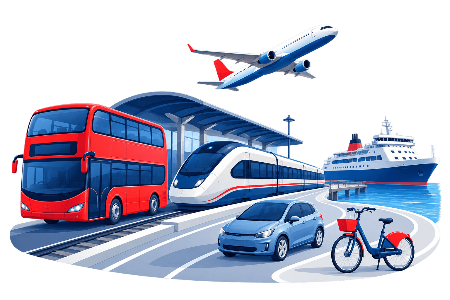 Bus, train, plane, ferry, car and bicycle representing different ways to travel